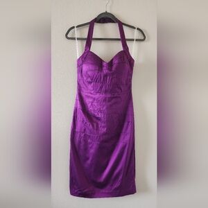 VINTAGE Bebe Purple Ruched Cocktail Dress Halter Neckline